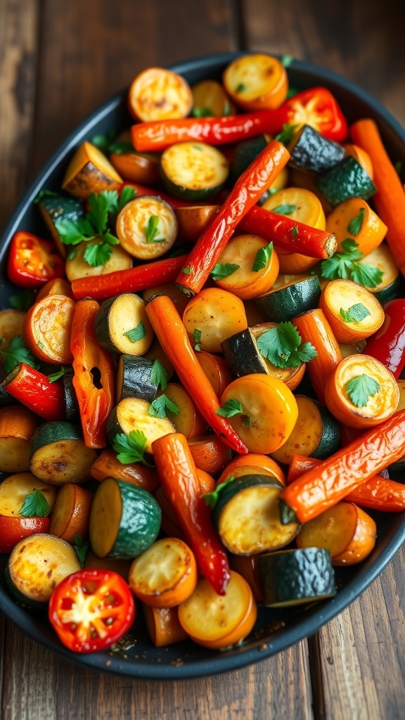Oven-Baked Vegetable Medley Recipe A colorful assortment of roasted bell peppers, zucchini, and carrots on a wooden platter, garnished with parsley.